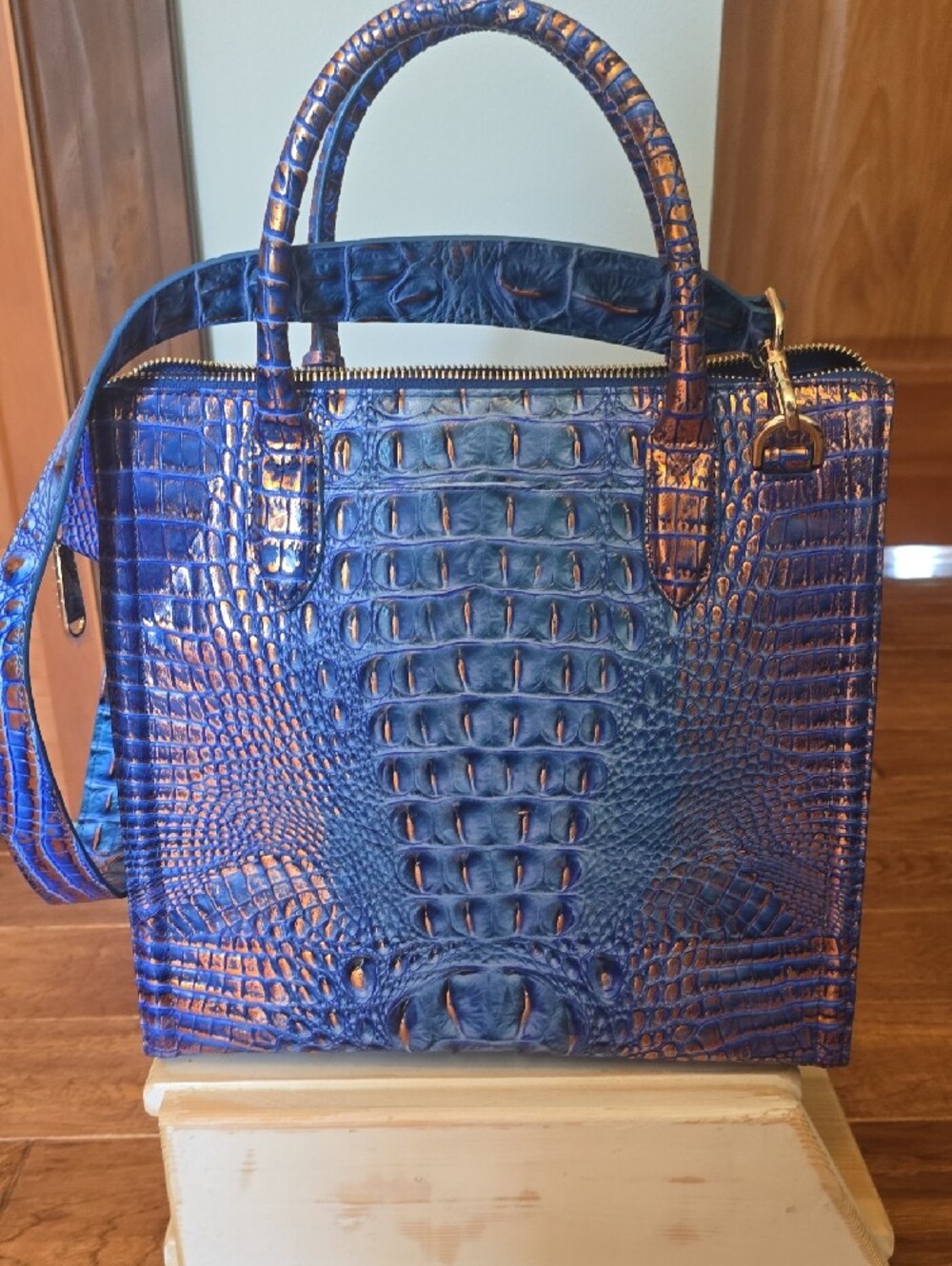 Blue Croc-Embossed Structured Tote Bag - Picture 3 of 10